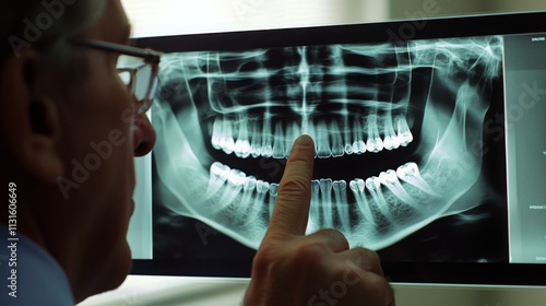 A dental professional closely analyzes a digital x-ray of a patient's teeth, highlighting aspects of oral health. The use of advanced technology ensures precise evaluation and diagnosis. photo