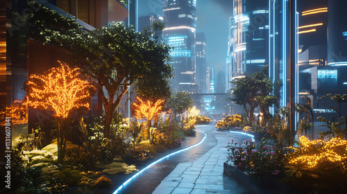 A sleek futuristic city street overrun by glowing plants, blending urban life with nature.  photo