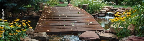 Wooden bridge over tranquil garden water feature photo