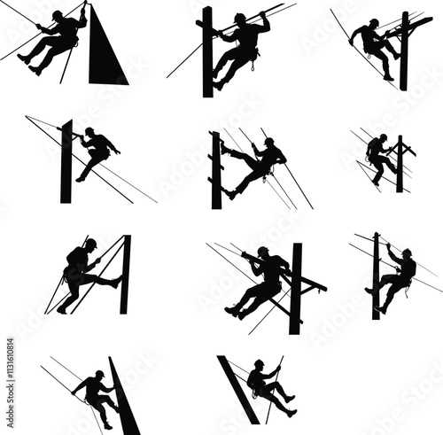 Set of electric workers. Collection of silhouettes electrical worker on power lines. Repairman fixing street wires. Danger job.Vector illustration of sign power lineman on white background.