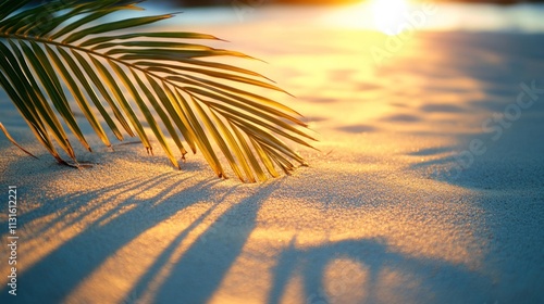 Wallpaper Mural A serene beach scene with a palm leaf casting shadows on the golden sand at sunset. Torontodigital.ca