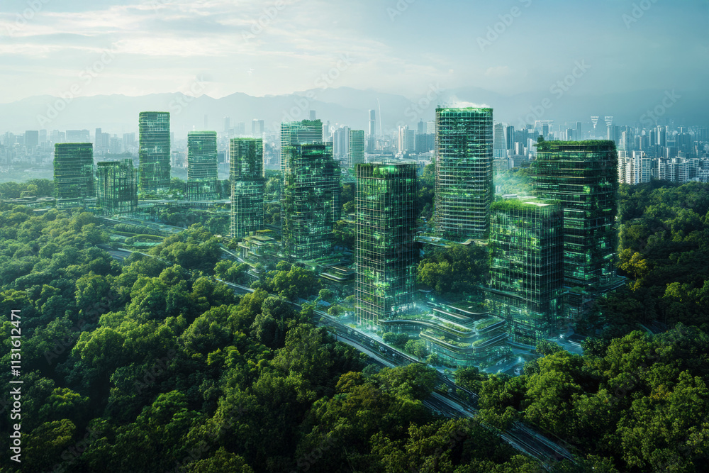 Obraz premium A modern city blending with dense green forests, featuring innovative green architecture and sustainable urban planning for environmental harmony.