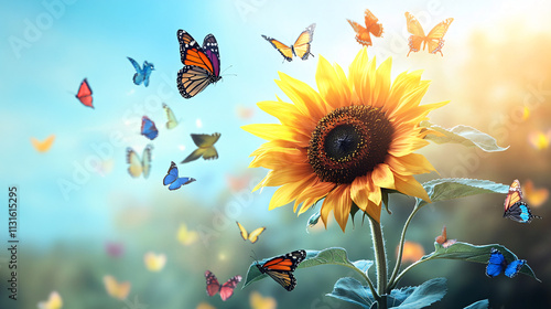 A sunflower with colorful butterflies and birds flying out of it, symbolizing the freedom of expression and the beauty of transformation. 