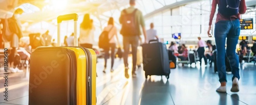 A vibrant scene at the airport with travelers and colorful luggage, capturing the excitement of travel. photo