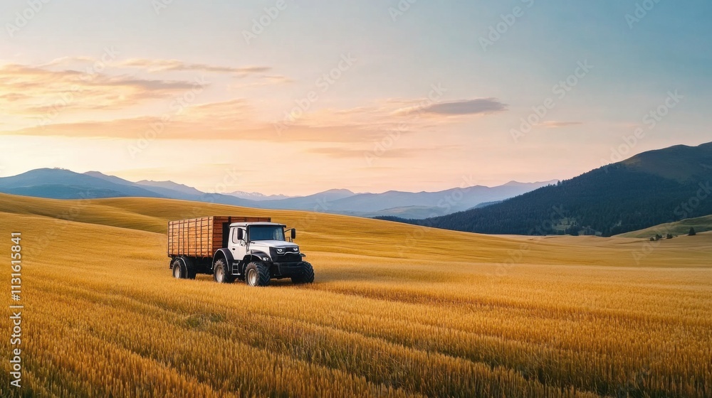 Fototapeta premium Truck transporting harvested crops across golden fields at sunset with mountains in the distance