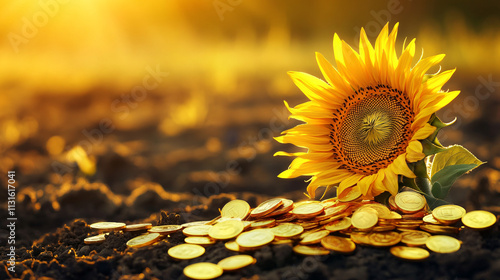A sunflower with golden coins sprouting from its petals, representing economic growth, wealth, and the prosperity of hard work. 