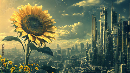 A sunflower with futuristic buildings and utopian architecture sprouting from its bloom, symbolizing the growth of new societies and sustainable cities. 
