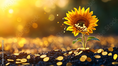A sunflower with golden coins sprouting from its petals, representing economic growth, wealth, and the prosperity of hard work. 