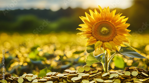 A sunflower with golden coins sprouting from its petals, representing economic growth, wealth, and the prosperity of hard work. 