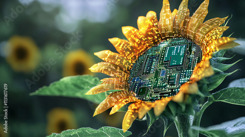 A sunflower with interconnected circuit boards and processors sprouting from its petals, representing the rapid development of artificial intelligence and computing. 