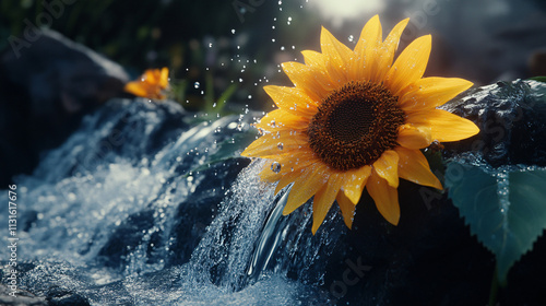A sunflower with tiny waterfalls and flowing rivers cascading from its petals, symbolizing the vital role of water and nature in sustaining life. 