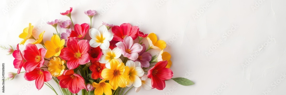 Obraz premium Beautiful spring flowers including tulips, daisies, and daffodils arranged on a delicate paper background, bright, romantic