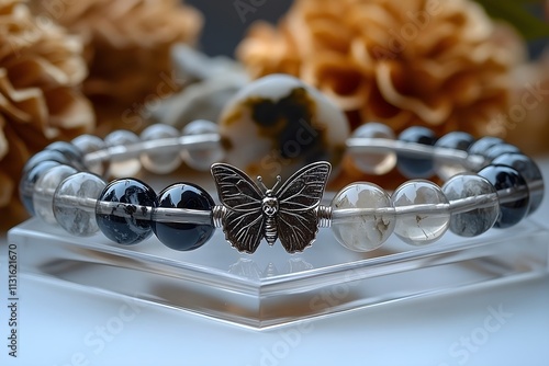 Elegant gemstone bracelet featuring clear and black beads, accented with a silver butterfly charm. A beautiful and unique piece of jewelry. photo