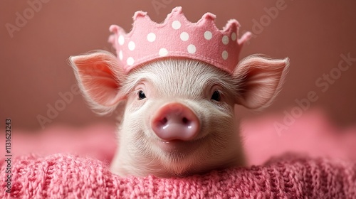 Royal Piggie: A Cute Piglet Crowning Herself with Adorable Pink Crown. photo