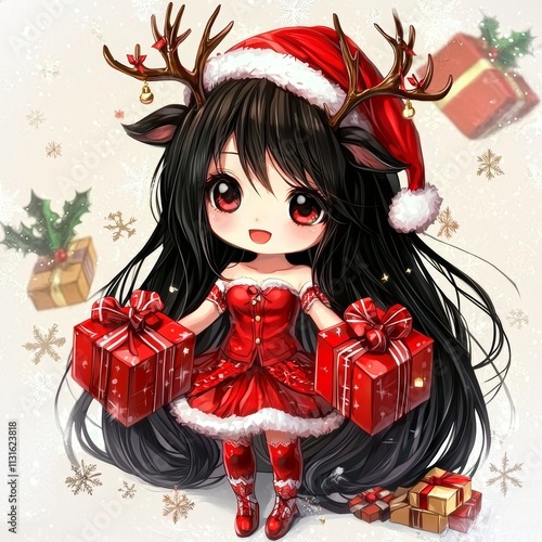 Cute chibi girl wearing a Santa Claus costume with Christmas presents. Embodying the spirit of Christmas, holidays, and delight. photo