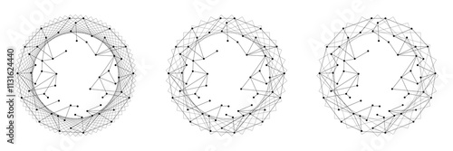 Set of connected web dots global data in an abstract fractal circles sphere, black white data concept, background with geometric vector illustration for business, inter-connected data cloud technology