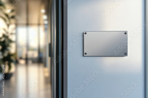 Name plate design mockup handing on door, 3d render. Door sign mock up template on entry in cabinet. Office hall interior with nameplate on door