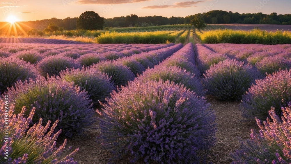Obraz premium Lavender field glowing in warm sunset light