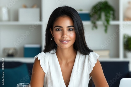 Young woman smiling warmly at her modern home office, showcasing a professional yet approachable demeanor Free Download Young woman smiling warmly at her modern home office, showcasing a professional yet approachable demeanor - GFXLoad