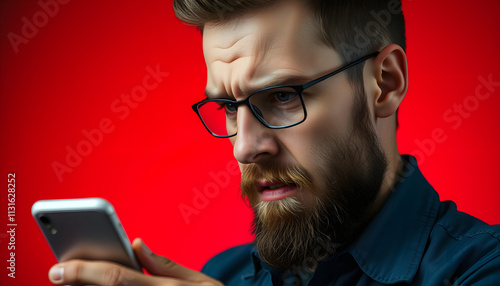 Close-up portrait of his he nice attractive irritated annoyed outraged bearded guy using wireless connection app 5g blog post smm spam messenger isolated over bright vivid shine red background isola photo