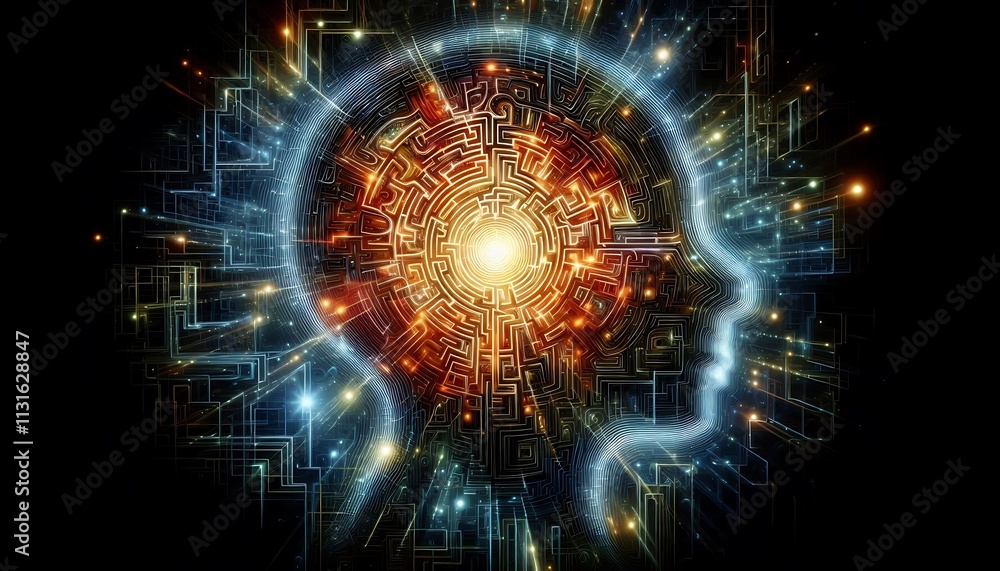 Obraz premium glowing abstract maze inside a radiant mind symbolizing psychological complexity and introspection