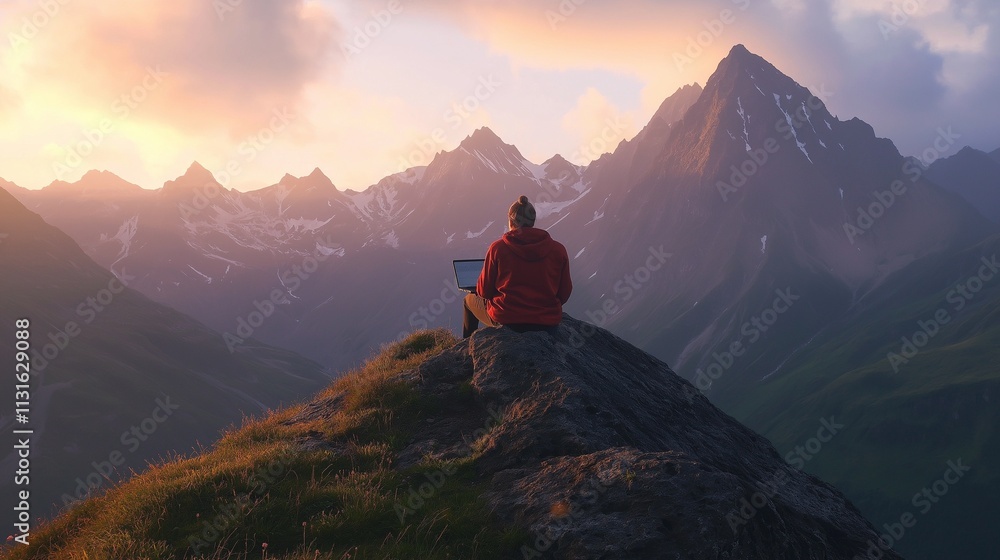 Fototapeta premium person working from a mountaintop with a laptop, remote work while immersed in nature