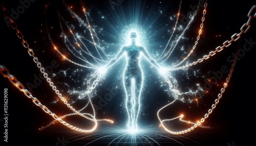 glowing human silhouette breaking free from radiant chains symbolizing liberation from psychological constraints