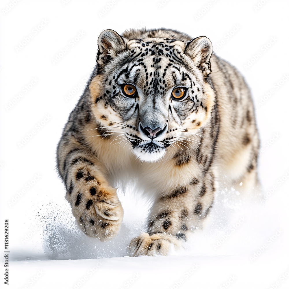 Fototapeta premium a graceful and agile snow leopard in mid-motion, isolated on a white background.
