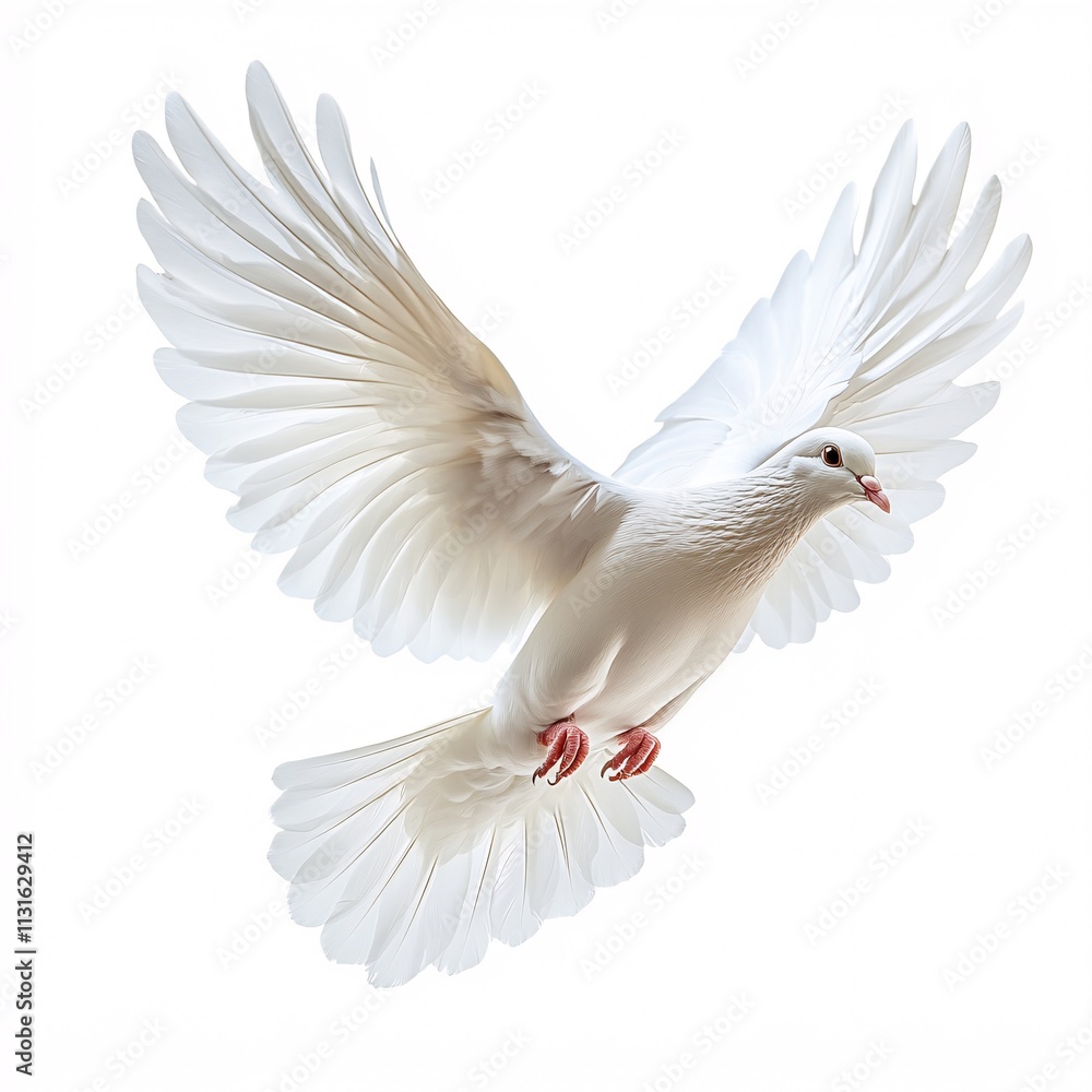 Fototapeta premium A graceful and elegant white dove in flight, isolated on a white background.