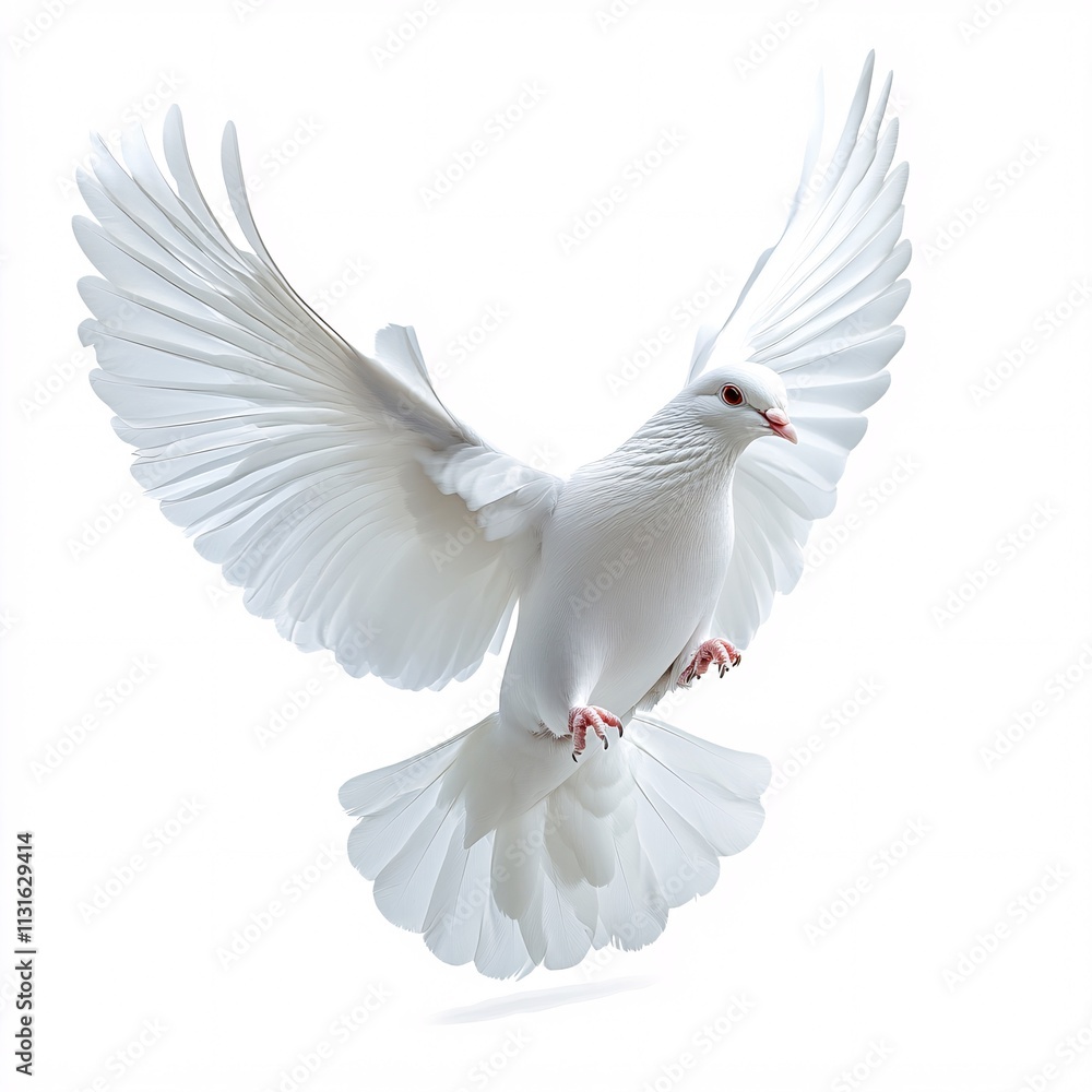 Obraz premium A graceful and elegant white dove in flight, isolated on a white background.