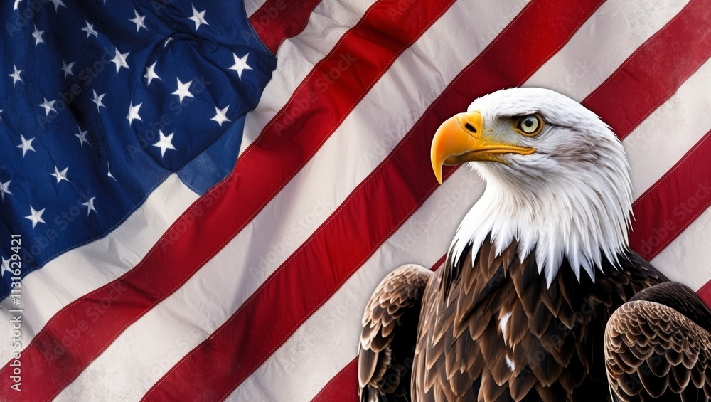 Naklejka premium Majestic bald eagle with american flag backdrop