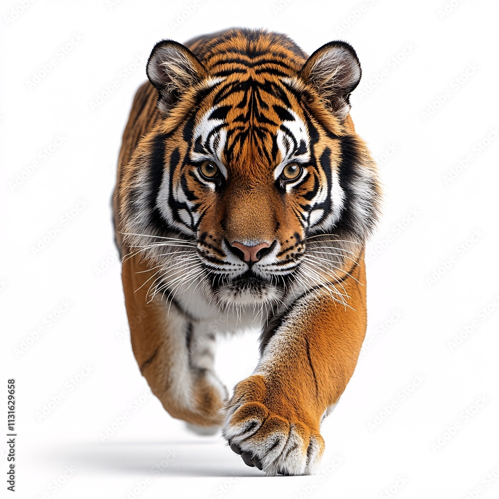 Obraz premium A strong and powerful tiger with intense eyes, isolated on a white background.