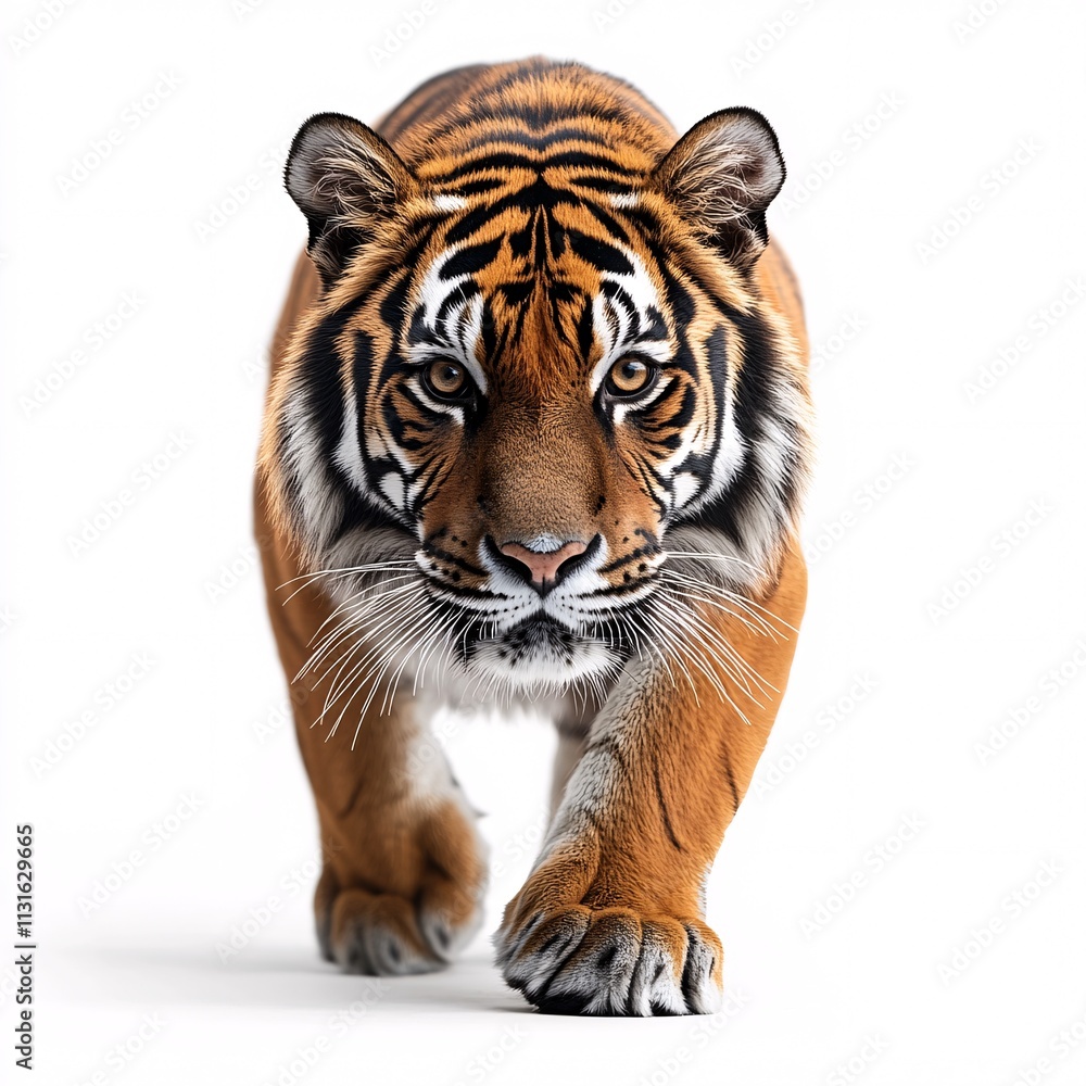 Obraz premium A strong and powerful tiger with intense eyes, isolated on a white background.