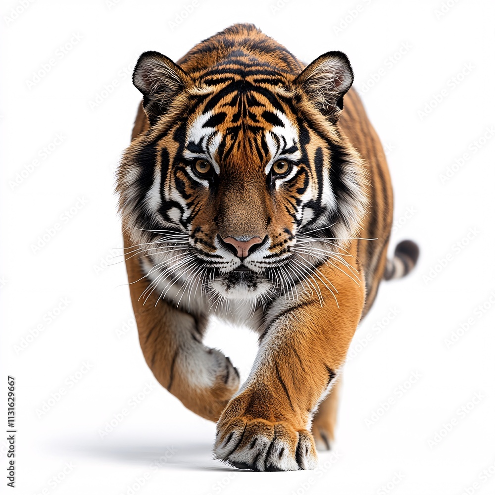 Obraz premium A strong and powerful tiger with intense eyes, isolated on a white background.
