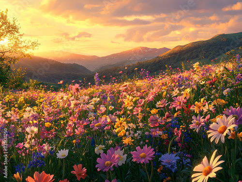 A vibrant meadow filled with colorful wildflowers, photo