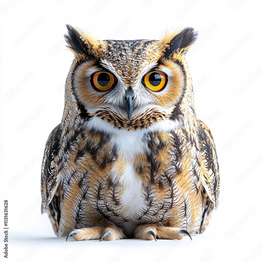 Obraz premium A majestic and detailed close-up of an owl, isolated on a white background.