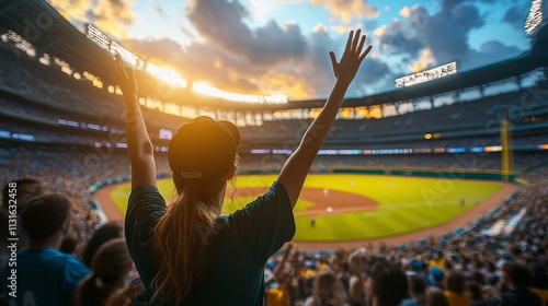 Woman celebrating at a baseball game in a packed stadium at sunset.