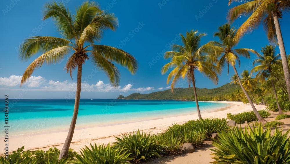 Obraz premium Panoramic view of tropical beach with turquoise sea