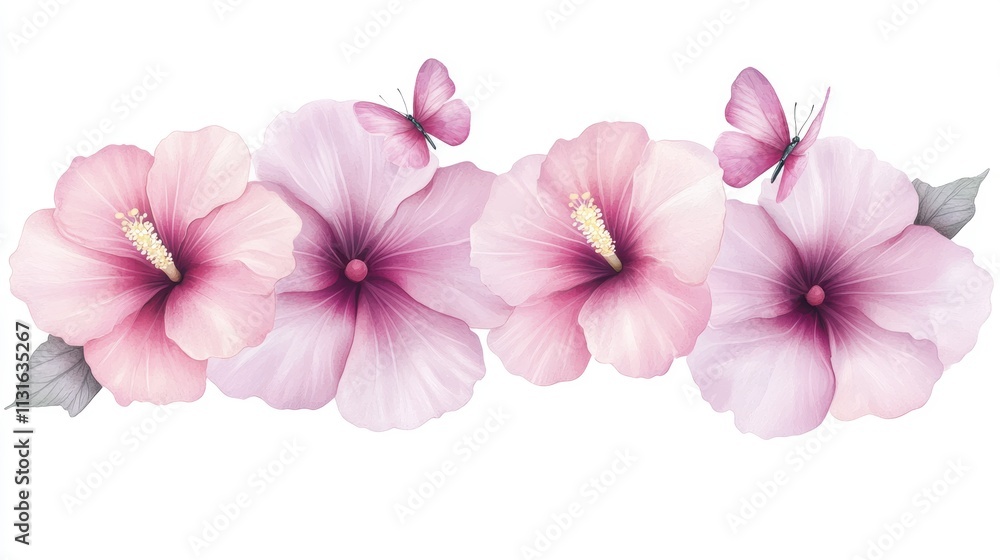 Obraz premium A beautiful arrangement of pink hibiscus flowers and a delicate butterfly, ideal for floral designs, greeting cards, or any nature-themed projects, Vibrant and elegant