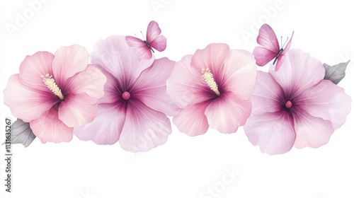 A beautiful arrangement of pink hibiscus flowers and a delicate butterfly, ideal for floral designs, greeting cards, or any nature-themed projects, Vibrant and elegant