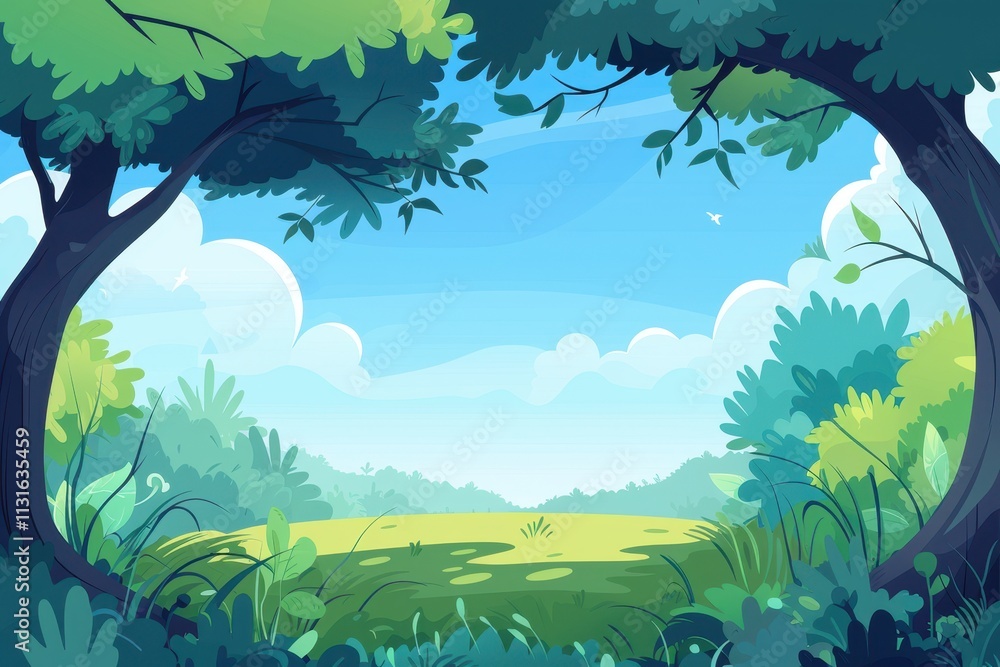 Fototapeta premium Lush Green Forest Clearing with a Blue Sky and White Clouds