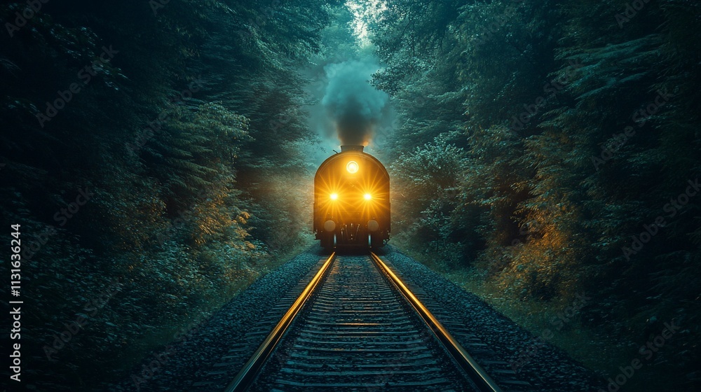 Fototapeta premium Mystical steam train emerging from dark forest at night.