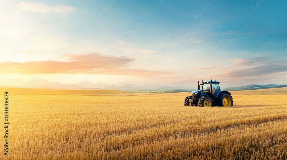 Fototapeta premium Tranquil Landscape with Tractor in Golden Wheat Field Under Bright Blue Sky at Sunset