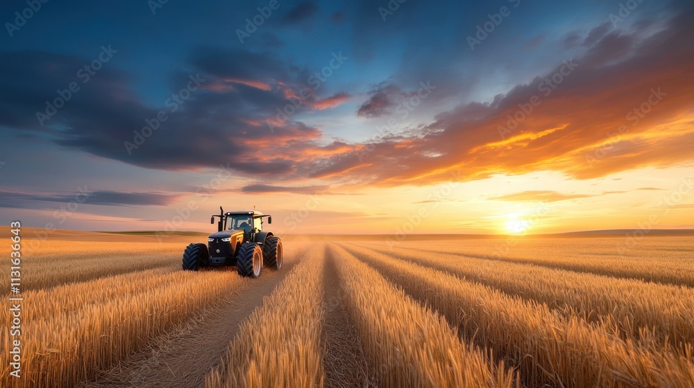Fototapeta premium Vibrant Sunset Over Golden Wheat Field with Farming Tractor on Rural Landscape