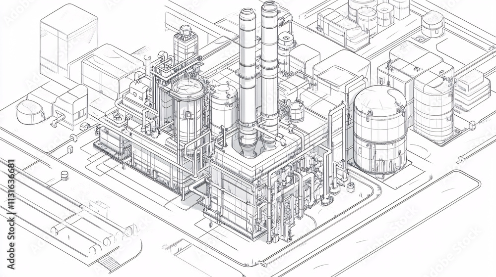 Fototapeta premium Line art of a futuristic hydrogen fuel cell plant with pipelines and storage tanks, representing green energy technology. 