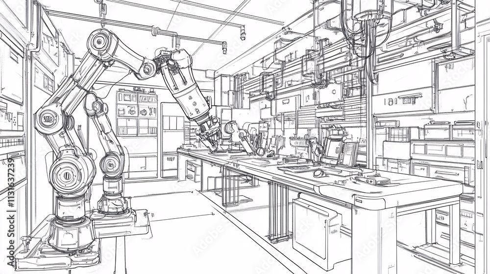 Fototapeta premium Line drawing of an advanced robotics lab, with robotic arms and human engineers working together on futuristic tech