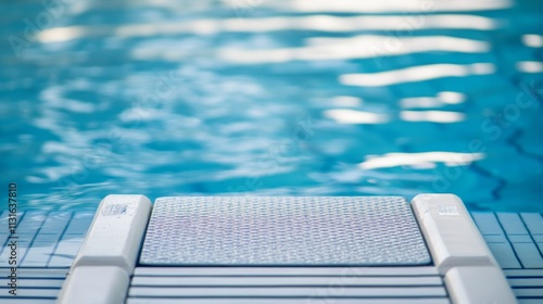 A swimming pool starting block with a focus on the footplate, outdoor setting with clear blue water, Clean style photo