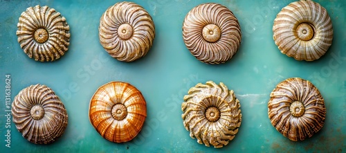 Elaborate and unique calcified aquamarine blue ammonite sea shell spirals encased within rock. Featuring prehistoric fossilized detailed rough grunge texture and surface patterns. photo