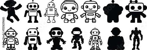 Robot silhouettes set, ai pack of vector silhouette design, isolated background
