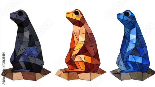 This vibrant geometric illustration features three stylized frogs in various colors, ideal for use in art projects, educational materials, or branding related to nature and creativity, photo